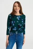 Swetry damskie - Ciemnozielony sweter z rękawami 3/4, nadruk w kwiaty - Greenpoint - miniaturka - grafika 1