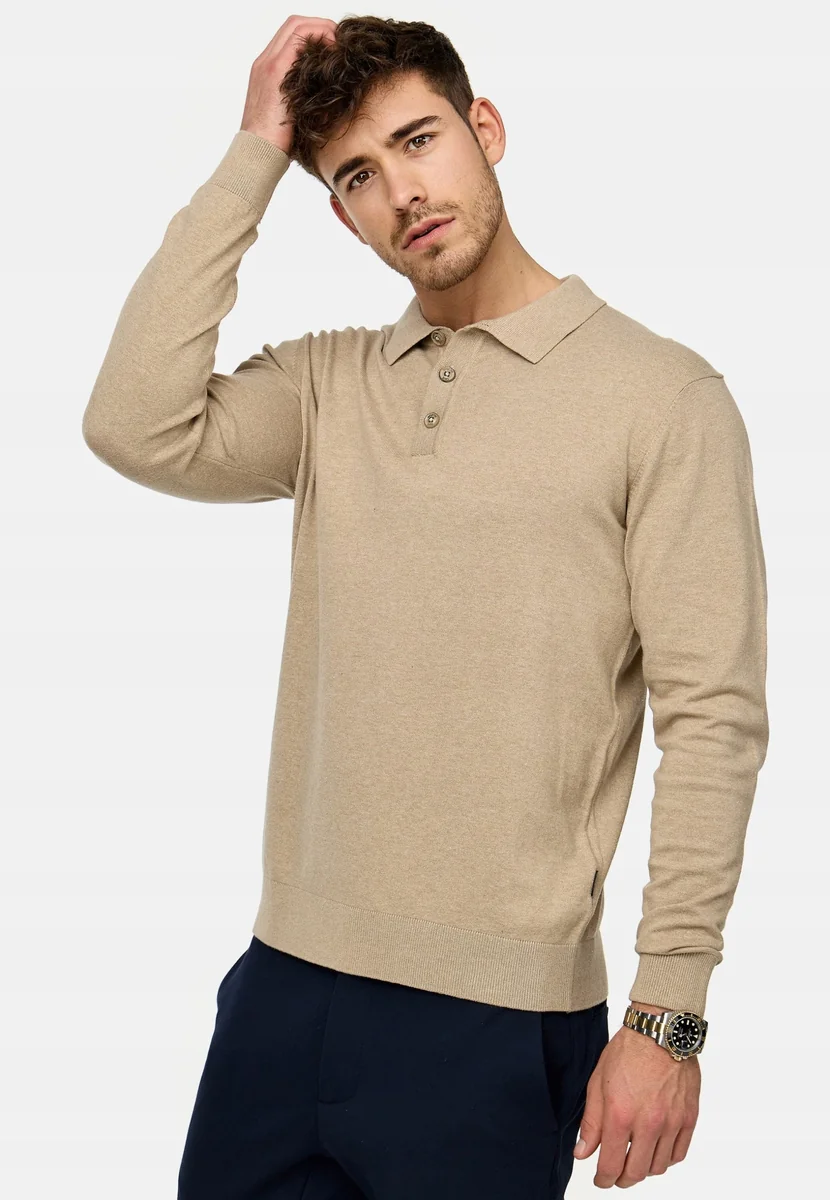 INDICODE BEŻOWY SWETER POLO Z KOŁNIERZYKIEM, BAWEŁNA M 2FA