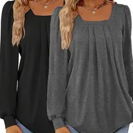 Bluzki damskie - TEMU 2 szt. Wiosna/Jesień Jednokolorowa Plisowana Bluzka z Kwadratowym Dekoltem i Długim Rękawem, Luźna Casualowa Koszulka Damska, Pranie w Praniu - miniaturka - grafika 1