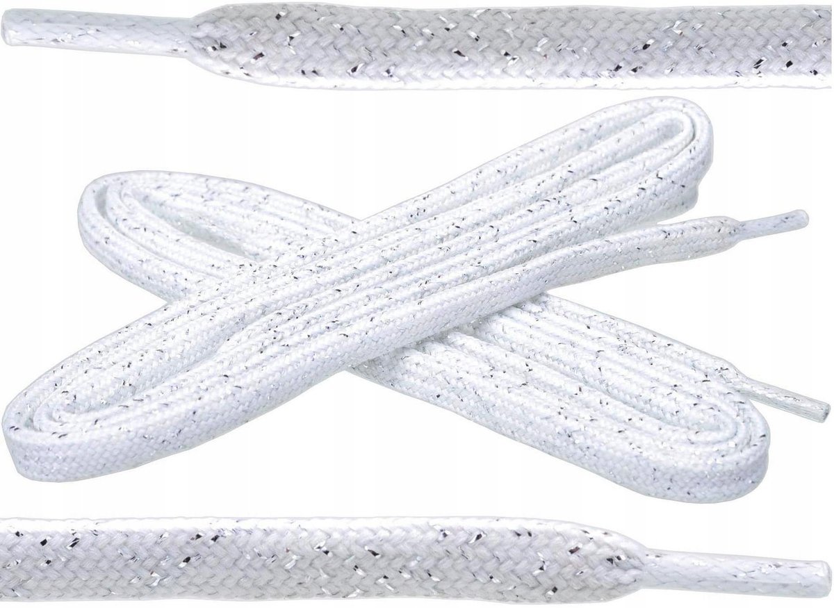 G12-43 BIAŁE SREBRNE SZNUROWADŁA PŁASKIE BROKATOWE SZNURÓWKI SZEROKIE 90 cm