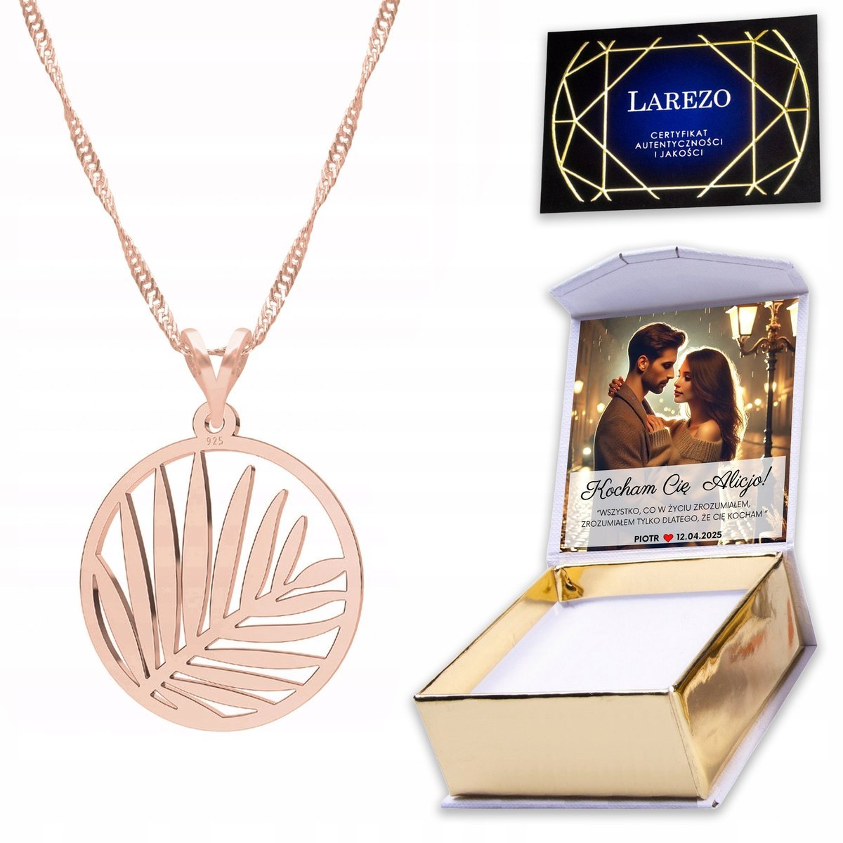 Naszyjnik Pozłacany 925 Liść Listek Palmy Palma Roślina Drzewo + NADRUK