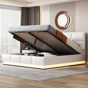 Łóżko tapicerowane Merax 160x200cm z podstawą łóżka i LED, zagłówkiem o regulowanej wysokości i hydraulicznym schowkiem, łóżko podwójne z imitacji skóry, białe - Łóżka - miniaturka - grafika 1