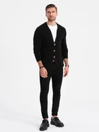 Swetry męskie - Dzianinowy kardigan męski z kieszeniami i ozdobnymi guzikami czarny V1 OM-SWCD-0109 - Ombre Clothing - miniaturka - grafika 1