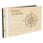Albumy fotograficzne - Album Na Zdjęcia W Drewnianej Oprawie Z Czarnymi Kartami Z Grawerem Nasze Podróże Kompas Dziennik Z Podróży - miniaturka - grafika 1