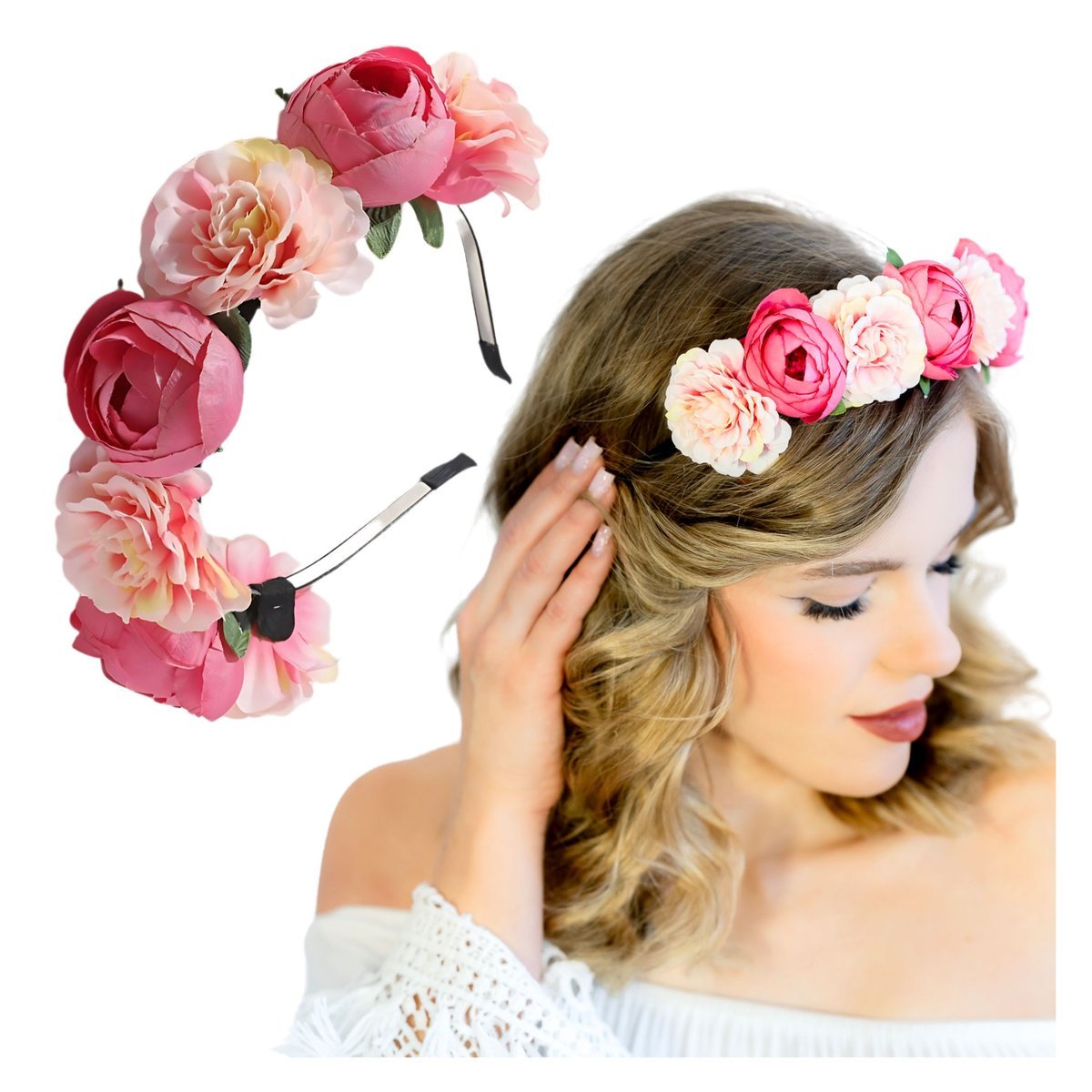 Opaska Wianek Różowy na Głowę Duży Kwiaty Róże Piwonie Lekki i Efektowny