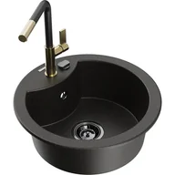 Zlewozmywaki z baterią - Mexen Diego zlewozmywak granitowy 1-komorowy z baterią kuchenną Flora, czarny/złoty metalik - miniaturka - grafika 1