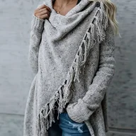 Inne - Ponczo kardigan z frędzlami, guzikami i obszyciem z przodu, elegancki kardigan z długim rękawem i obszyciem na krzyż na jesień i zimę, odzież damska - miniaturka - grafika 1