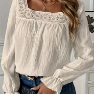 Koszule damskie - TEMU YY0618035 Damska Bluzka z Kwadratowym Dekoltem, Koronkowym Patchworkiem, Długim Rękawem i Luźnym Krojem w Stylu Lalkowego Dekoltu - miniaturka - grafika 1