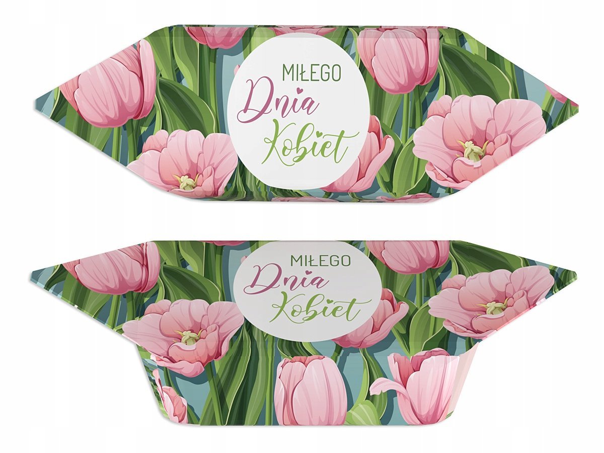Krówki ciągutki na Dzień Kobiet 1kg Prezent Mleczne Tulipany niebieskie tło