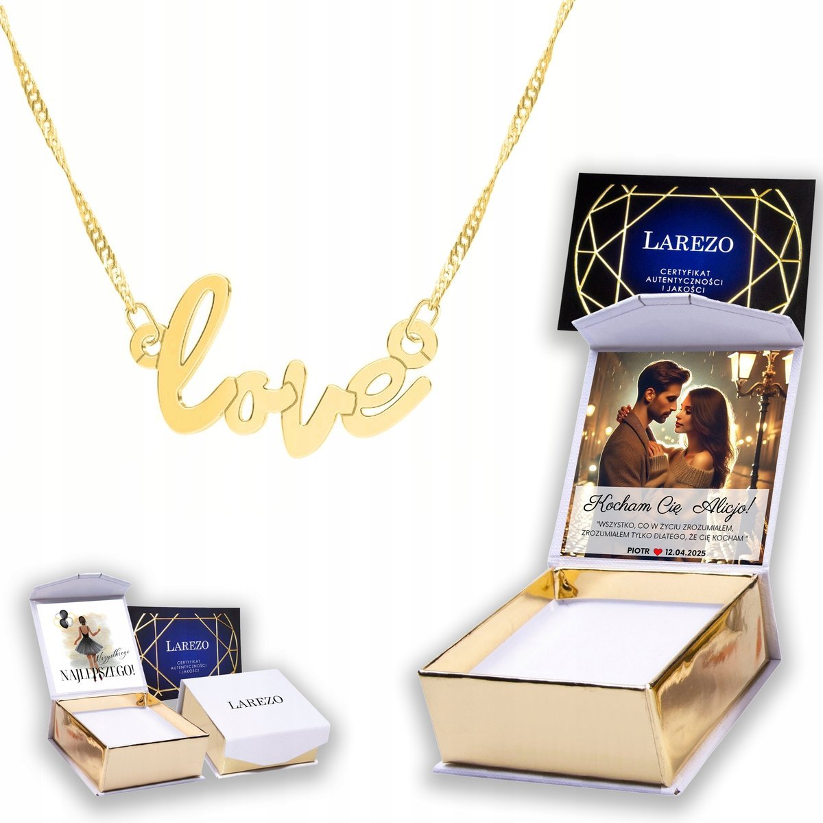 Złoty Naszyjnik 925 Napis Love Miłość Kocham Cię Serce Serduszko + NADRUK