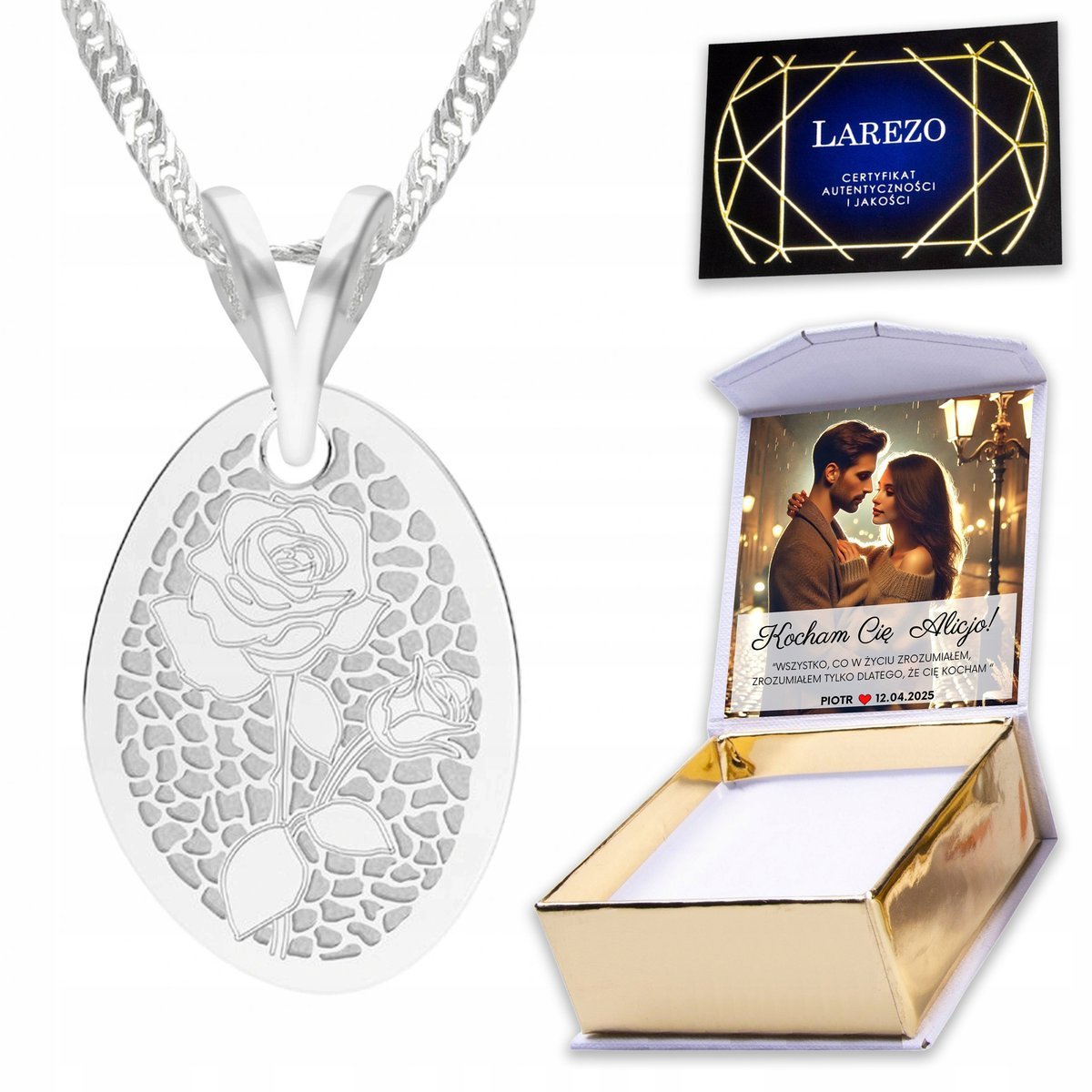 Naszyjnik Srebrny 925 Róża z Kwiatem Kwiatkiem Róża Kwiat Kwiatek + NADRUK