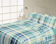 Pościel - Faro Pościel bawełniana 220x200 Vanille kratka turkusowa - miniaturka - grafika 1