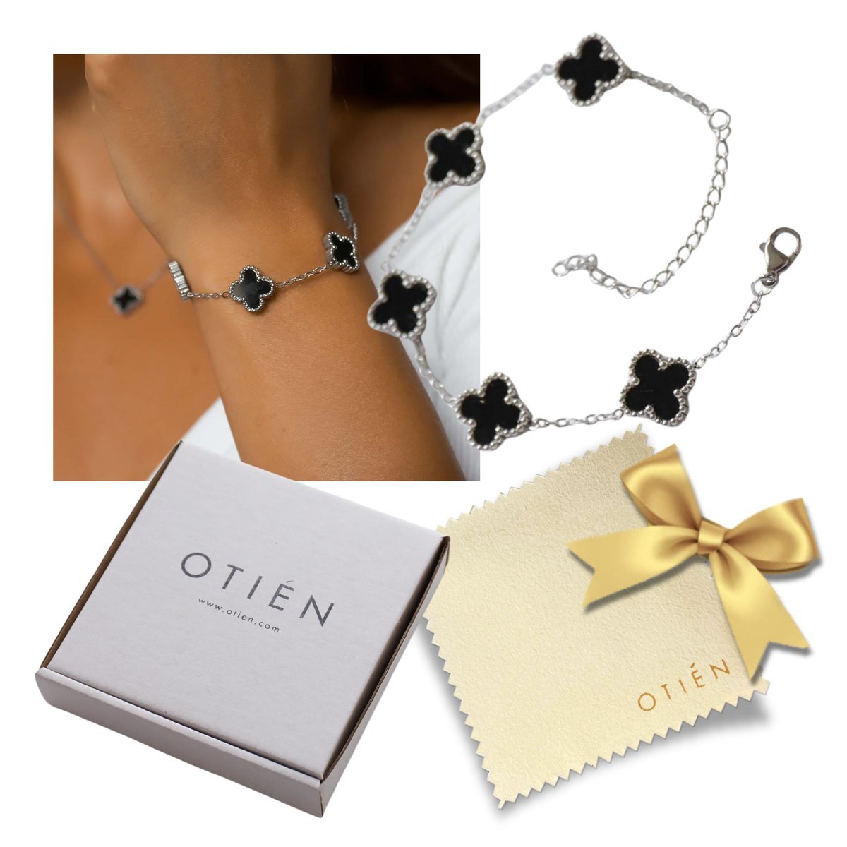 Bransoletka Damska Czarna Koniczynka ze Stali Jubilerskiej