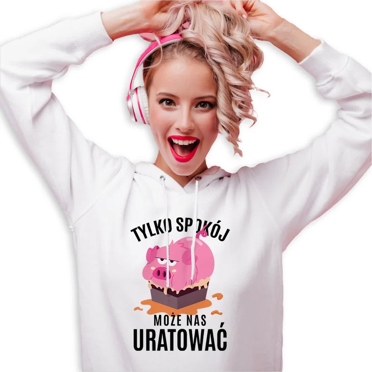 BLUZA DAMSKA Biała Z Kapturem Na Prezent SPOKÓJ MOŻE NAS URATOWAĆ Świnka S