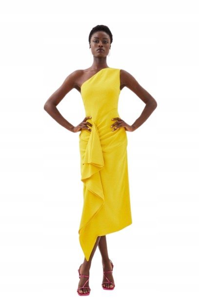 Karen Millen Długa Sukienka Żółta z Marszczeniami Koktajlowa 36 B1c