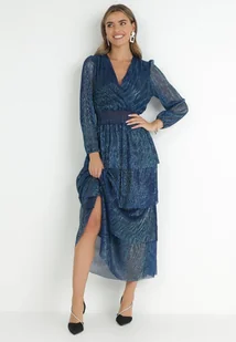 Granatowa Sukienka Błyszcząca z Falbanami i Gumką w Pasie Limite - Sukienki - miniaturka - grafika 1