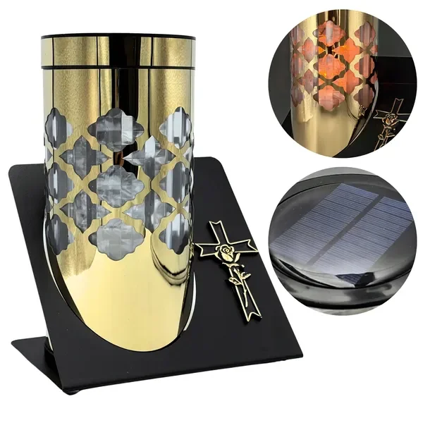 Znicz solarny LED Paris z krzyżem złoty 23cm