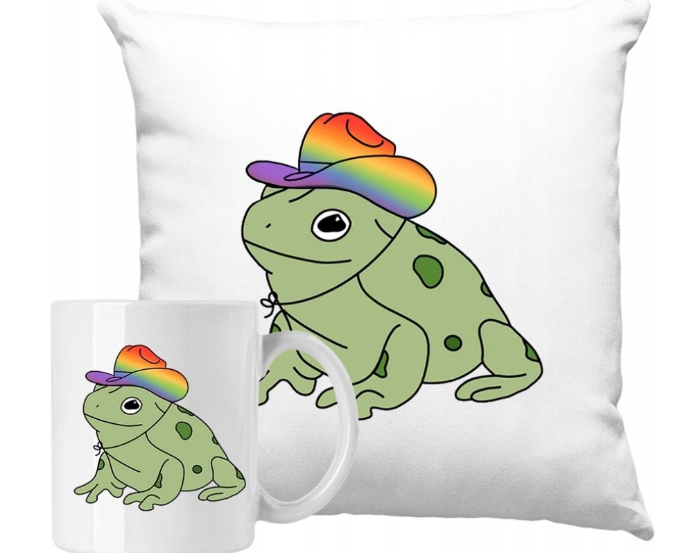 ZESTAW PODUSZKA + KUBEK Żaba Żabka LGBT Tęcza Pomysł Na Prezent