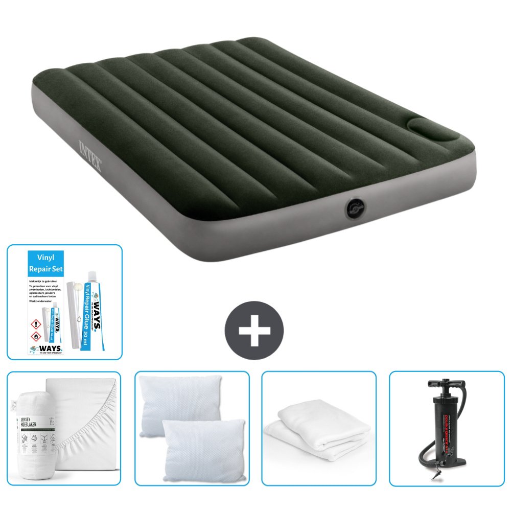 Łóżko powietrzne Intex - Łóżko podwójne - 137 x 191 x 25 cm - Zielony - Prześcieradło - Pompka - Zestaw naprawczy i ochraniacz na poduszkę