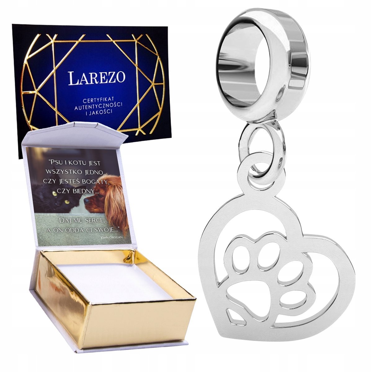 CHARMS SREBRNY Serduszko z Psią Kocią Łapką Serce Łapa Psa Kota + NADRUK