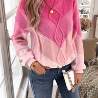 Bluzy damskie - TEMU Sweter Damski Elegancki w Kolorowe Paski z Okrągłym Dekoltem – Miękka, Nieelastyczna Bluza na Zimę w Odcieniach Różu i Pasteli, Pranie - miniaturka - grafika 1