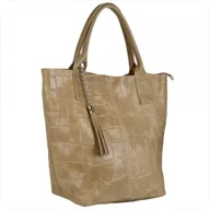 Torebki damskie - Torebka worek skórzana shopper wzór aligatora beżowa - miniaturka - grafika 1