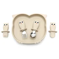 Zestawy naczyń dla dzieci - Zestaw Sowa Talerzyk Silikonowy Plus 2 Zestawy Sztućców [Kolor Szaroniebieski] - miniaturka - grafika 1