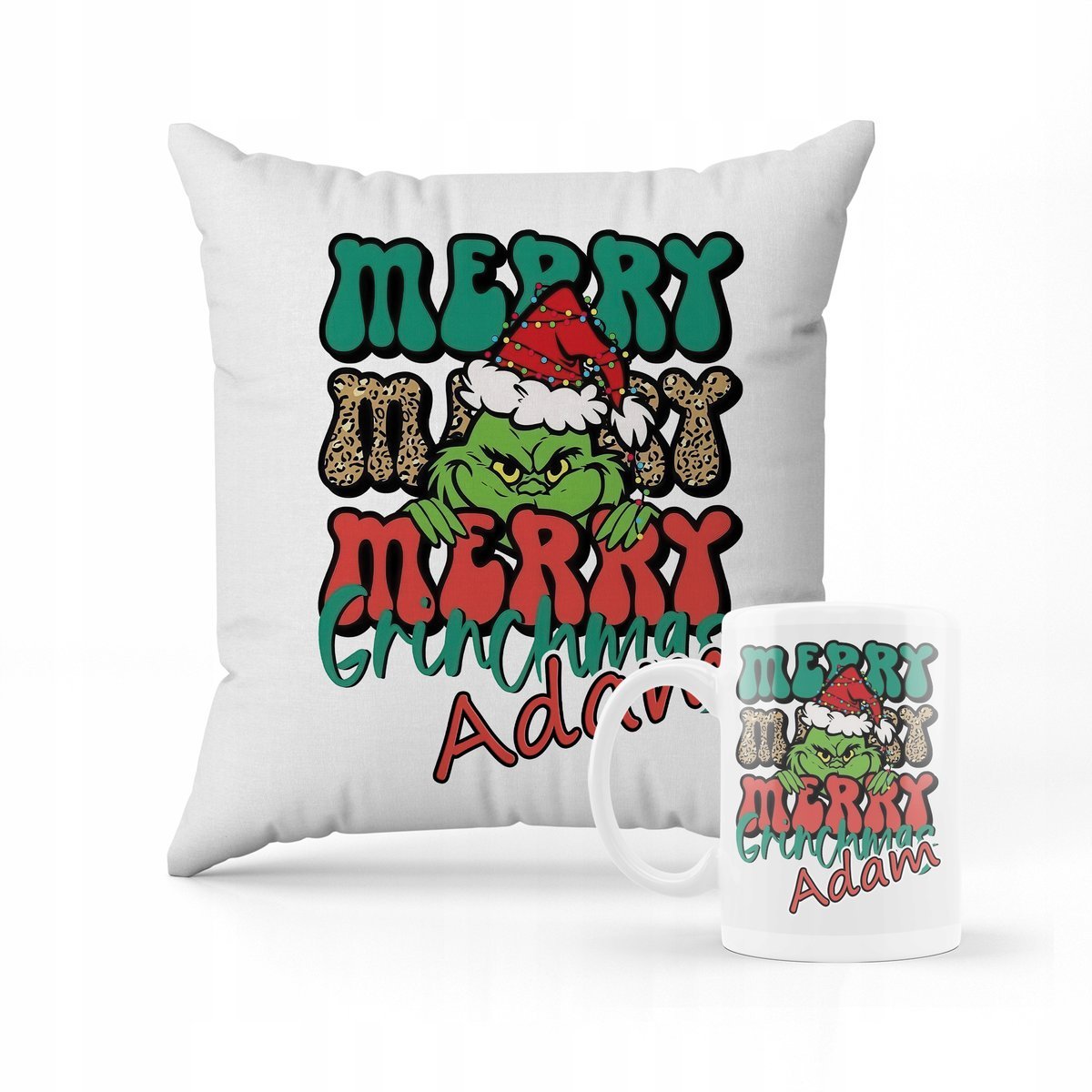 ZESTAW PODUSZKA + KUBEK Merry Christmas Grinch święta + IMIĘ 2