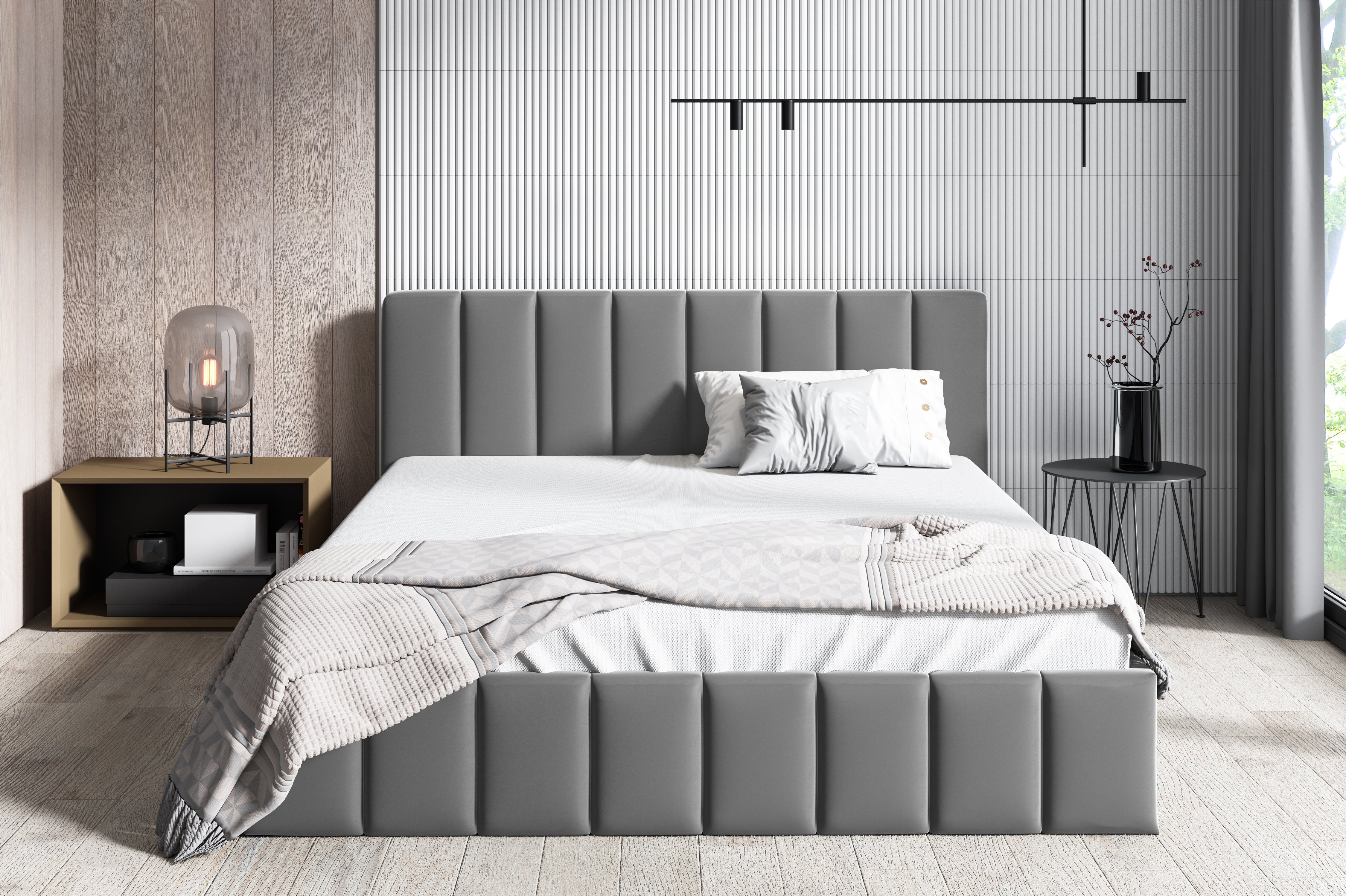 Łóżko tapicerowane GUTTO łóżko podwójne powierzchnia do leżenia 120 x 200 cm metalowa rama z listew skrzynia w kolorze szarym