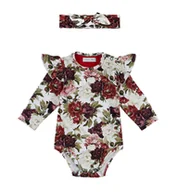 Body dla niemowląt - Zestaw body z falbanką długi rękaw i opaska z supełkiem, Czerwone Kwiaty - 86 - miniaturka - grafika 1