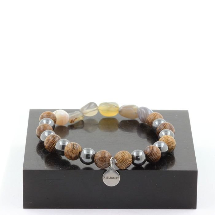 Bransoletka Agat z Botswany + Perły Hematyty + drewno 8 mm