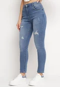 Spodnie damskie - Granatowe Elastyczne Jeansy Skinny Push Up z Przedarciami Egenna - miniaturka - grafika 1