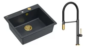 Zlewozmywaki z baterią - Quadron Unique Zlewozmywak granitowy jednokomorowy 57*50*22 cm MORGAN 110 BLACK DIAMOND z syfonem Push-2-Open w kolorze złotym z baterią MARGOT T LINE GRAPHITE METAL z ruchomą wylewką kolor grafit/wykończenie złote/czarny wąż - miniaturka - grafika 1