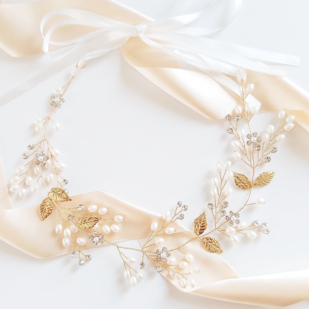 Kokonet, Złoty Wianek Perły Cyrkonie Listki Komunia Ślub Ozdoba Do Włosów Na Wesele