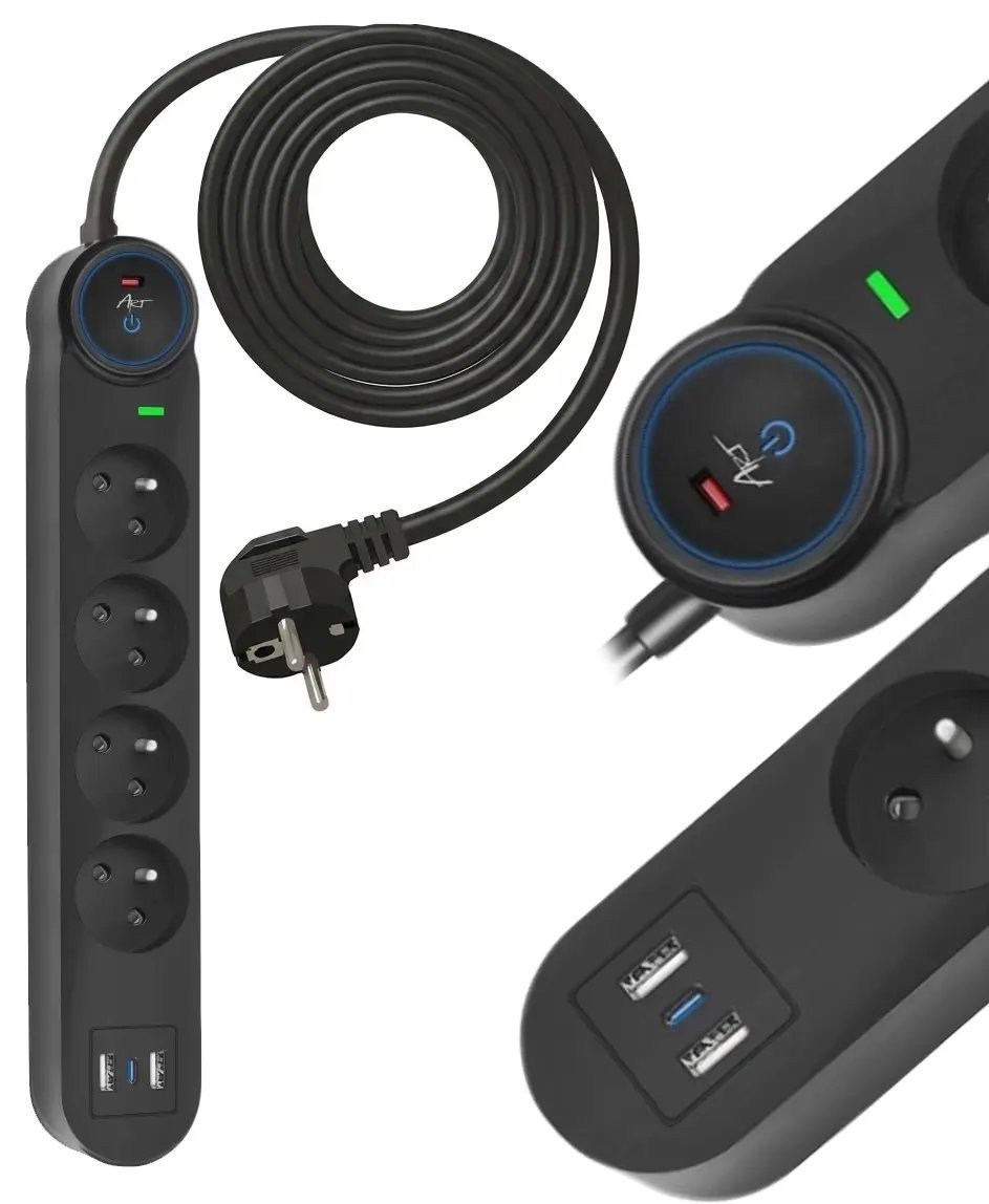 Listwa zasilająca Art Listwa przeciwprzepięciowa 3m SPD3 4 gniazda 10A 2x USB-A USB-C 2,6A czarna