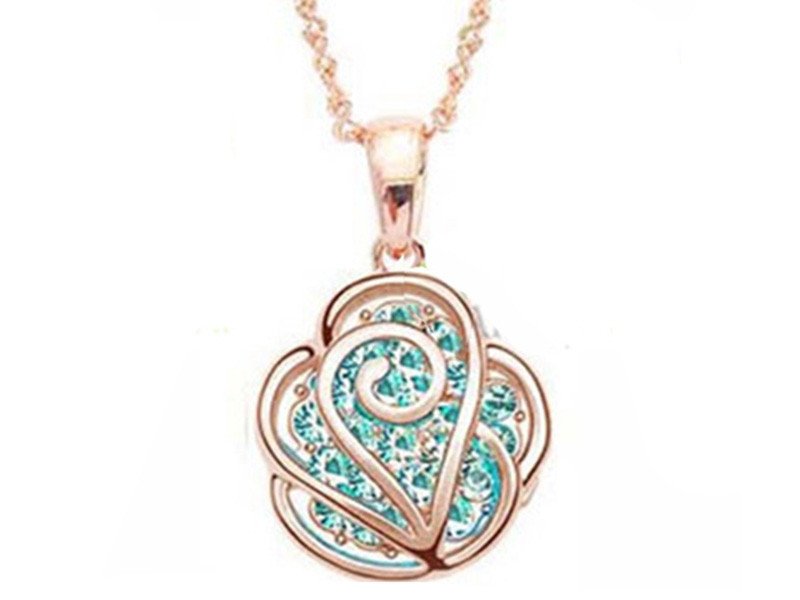 Naszyjnik ażurowa róża z morskimi cyrkoniami różyczka kwiat