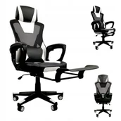 Fotele gamingowe - FOTEL GAMINGOWY DLA GRACZA BIUROWY KOMPUTEROWY OBROTOWY + PODNÓŻEK KG100 BIAŁO-CZARNY - miniaturka - grafika 1