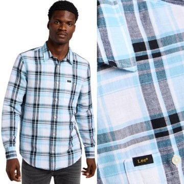 Lee Leesure Shirt Preppy Blue błękitna lniana koszula w kratę Regular Fit M