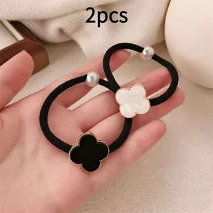 TEMU 2 szt. Koreańskie Gumki do Włosów z Kwiatami – Elastyczne Opaski Perłowe, Uniwersalne Spinki do Kucyków w Białym i Czarnym Kolorze, Eleganckie - Ozdoby do włosów - miniaturka - grafika 1