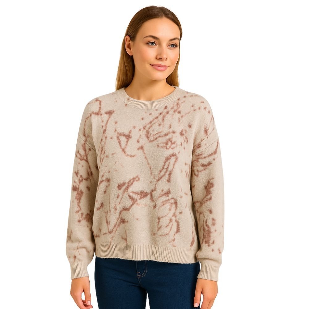 Sweter Damski z Wzorem i Haftem na Plecach Włoski Beżowy