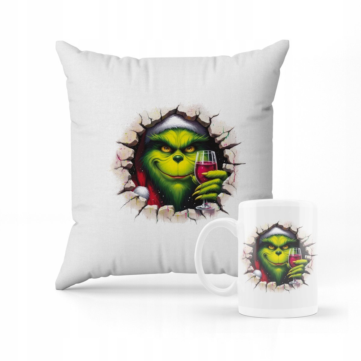 ZESTAW PODUSZKA + kubek Grinch z kieliszkiem śmieszny wzór + IMIĘ