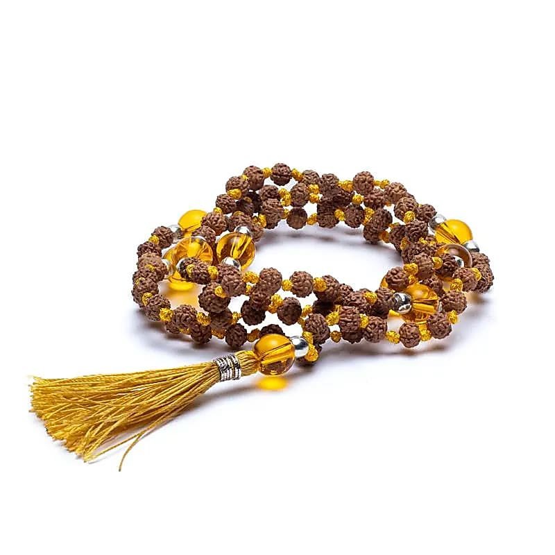 Różaniec Mala Rudraksha i cytryn (palony ametyst) 33cm