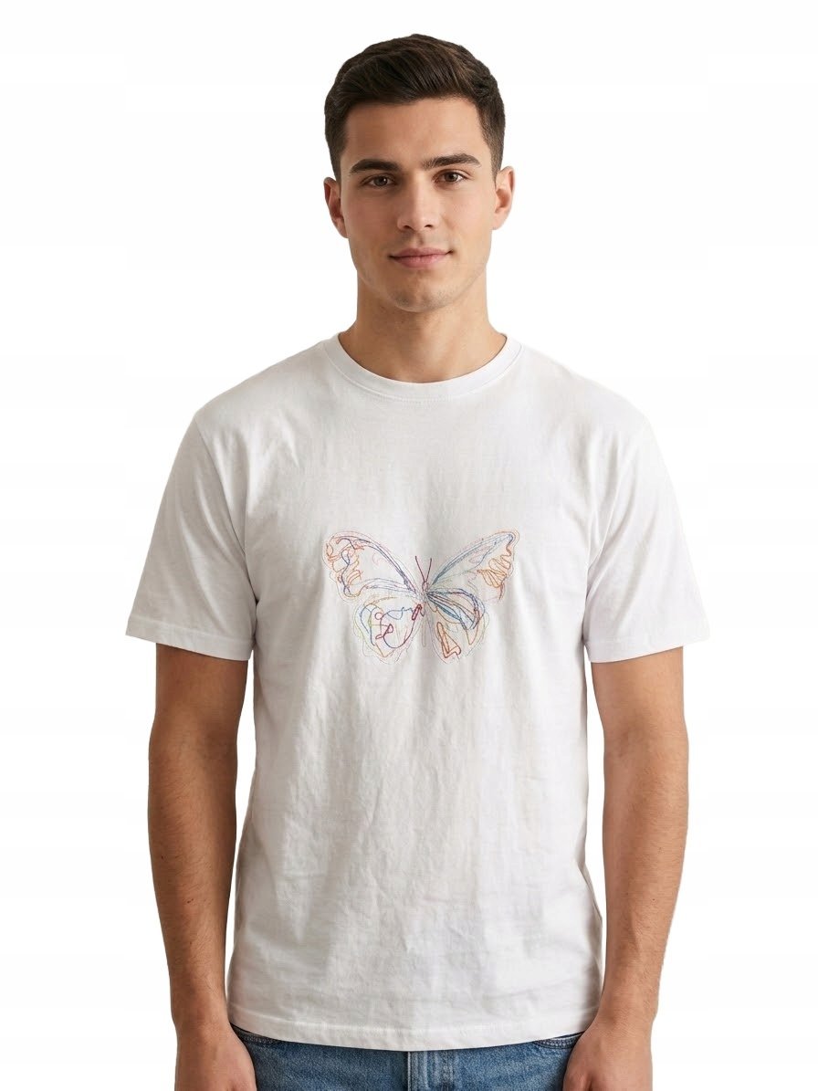 BIAŁY T-SHIRT MĘSKI Z DELIKATNYM HAFTOWANYM MOTYLEM XL OPA