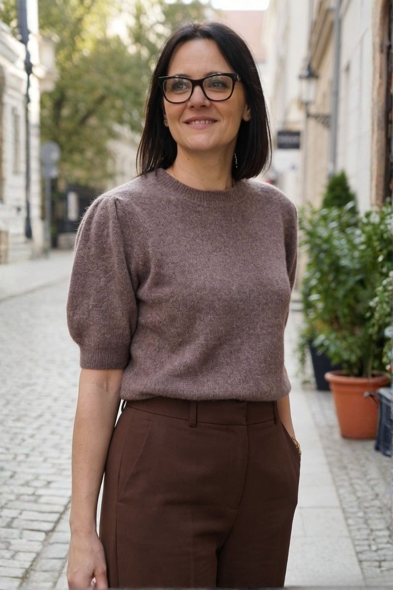 Sweter damski brązowy baby alpaka bufki krótki rękaw włoski Uni