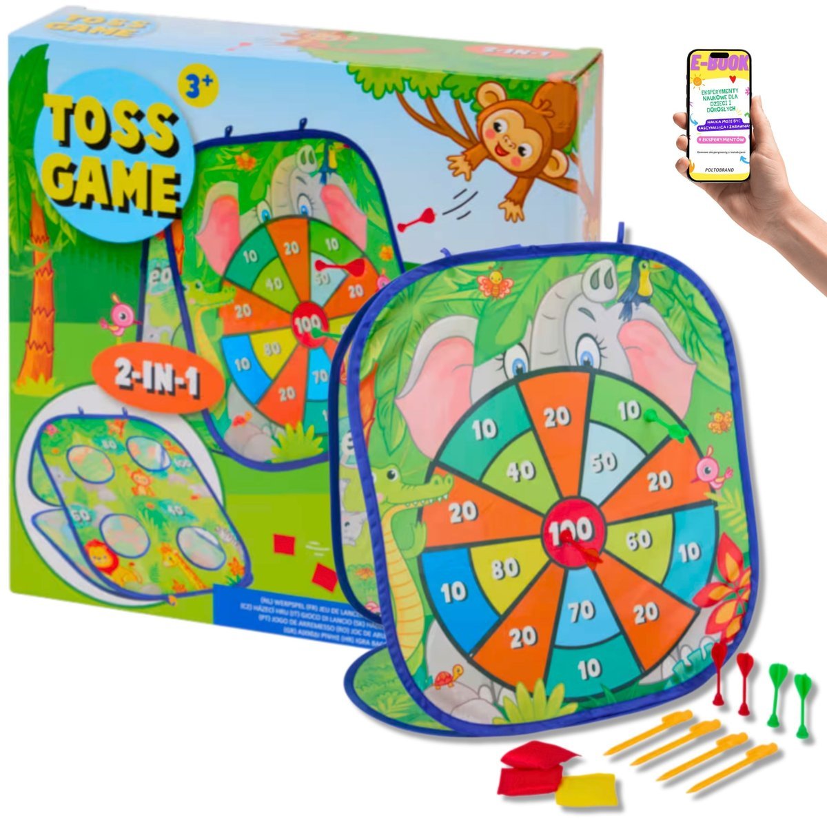 GRA W RZUTKI 2w1 – TARCZA DWUSTRONNA ZWIERZĘTA – 17 elementów DLA DZIECI 3+ PREZENT DLA SYNA CÓRKI + EBOOK