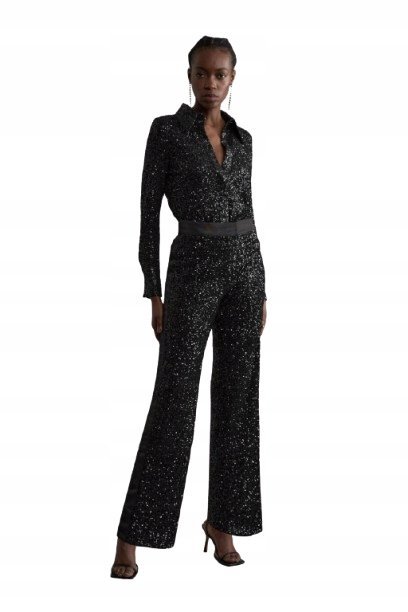 KAREN MILLEN CZARNE ELEGANCKIE SPODNIE Z CEKINAMI PETITE 40 B1C
