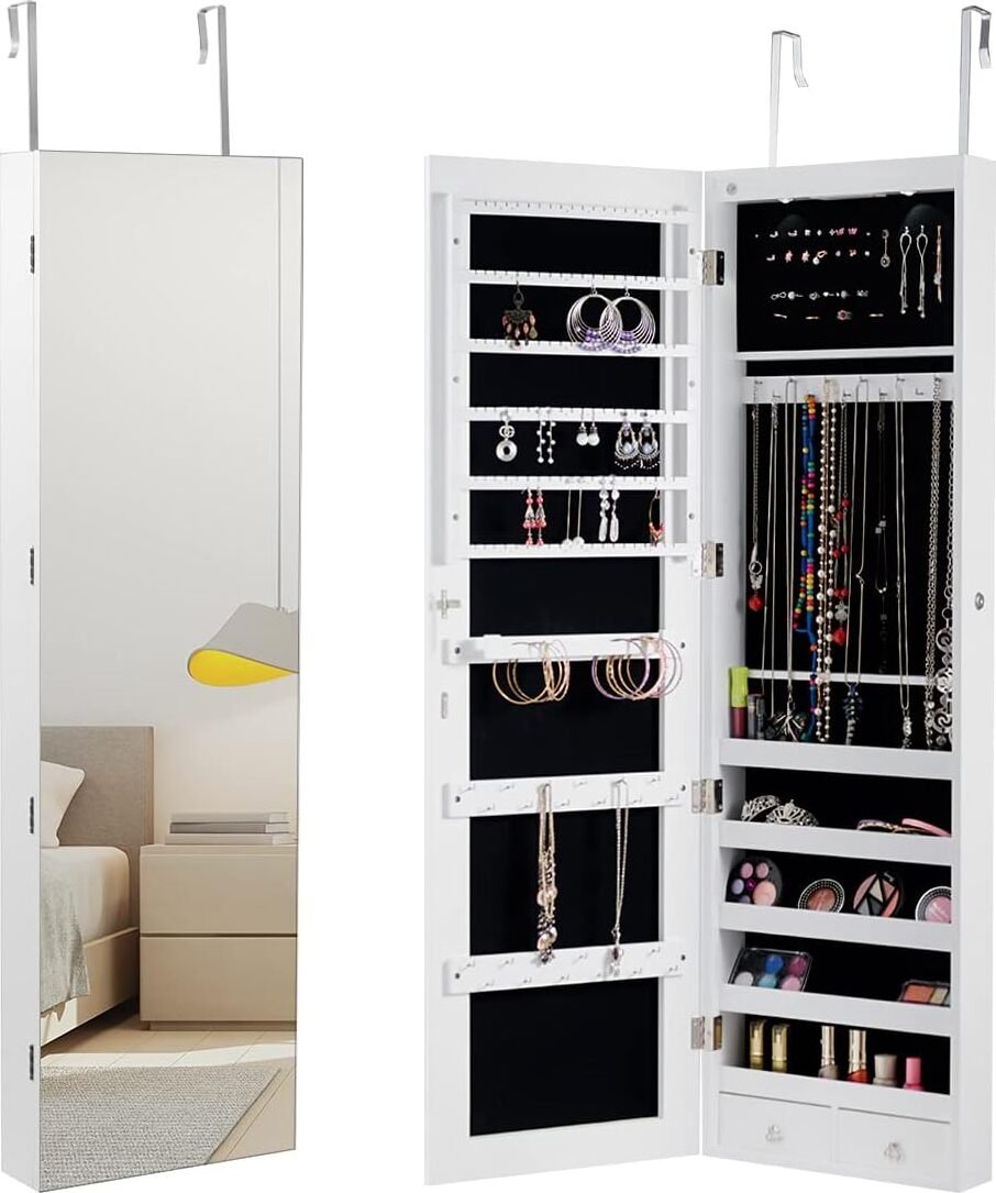 COSTWAY Szafka na biżuterię z oświetleniem LED, wiszący stojak na biżuterię z lustrem, zamykany na kluczyk, wysokość 120 cm