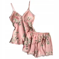 Piżamy damskie - Piżama satynowa spodenki top dwuczęściowa kwiaty - S - miniaturka - grafika 1