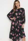 Sukienki - Czarno-Różowa Rozkloszowana Sukienka Midi z Rękawami Nietoperz w Kwiaty Gervia - miniaturka - grafika 1