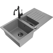 Zlewozmywaki z baterią - Mexen Matias zlewozmywak granitowy 1,5-komorowy z ociekaczem i baterią kuchenną Carla, szary - miniaturka - grafika 1